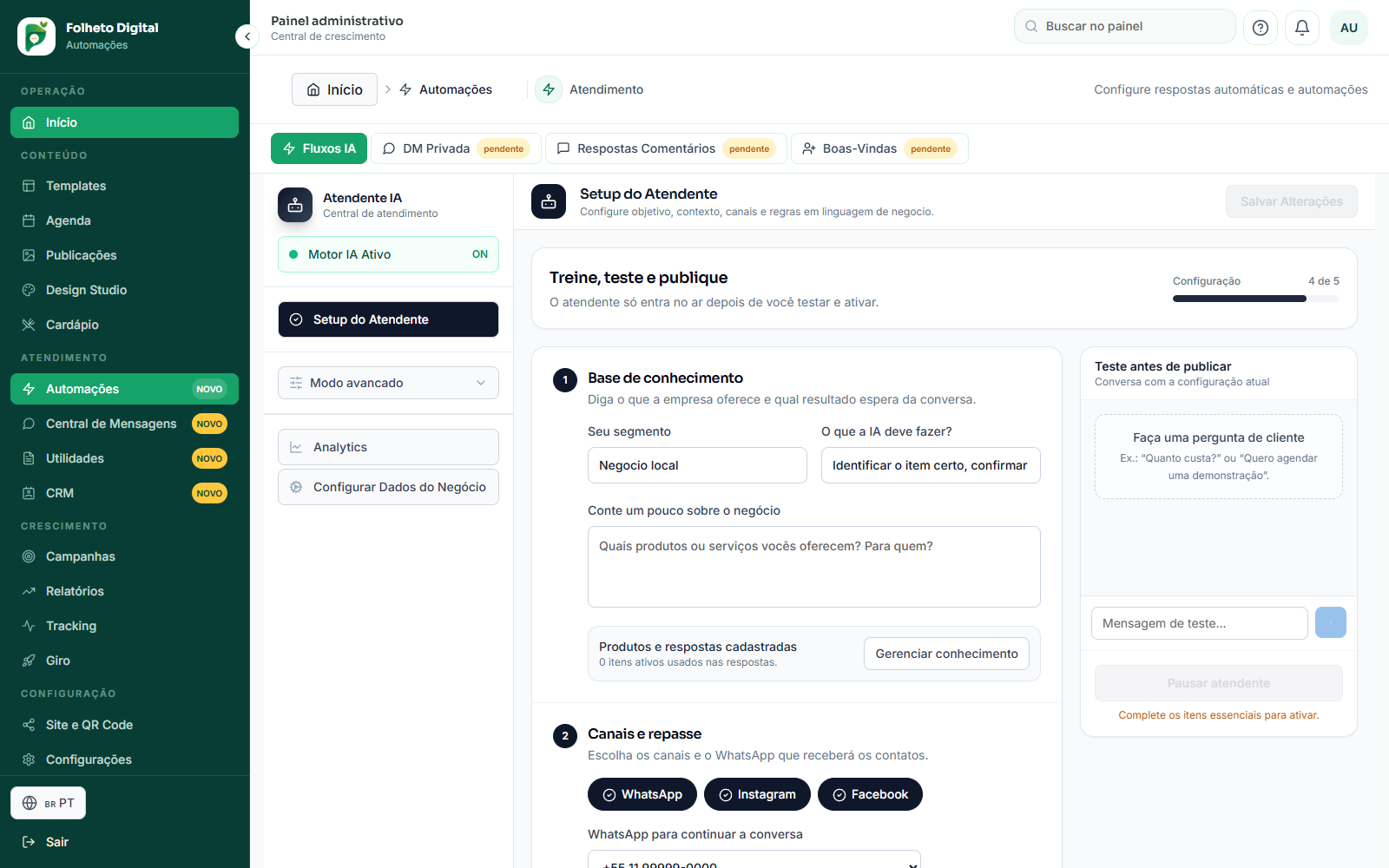 Configuração do atendente com IA do Bistrô da Praça