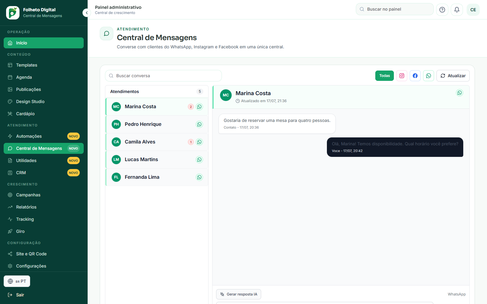Central de mensagens WhatsApp na plataforma Idea Media