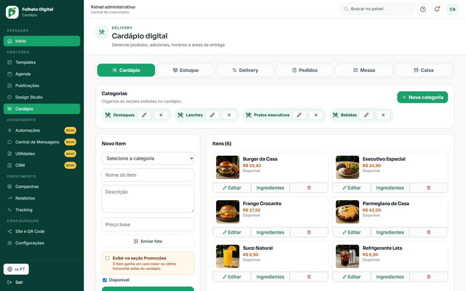 Tela real: Cardápio também é ferramenta.